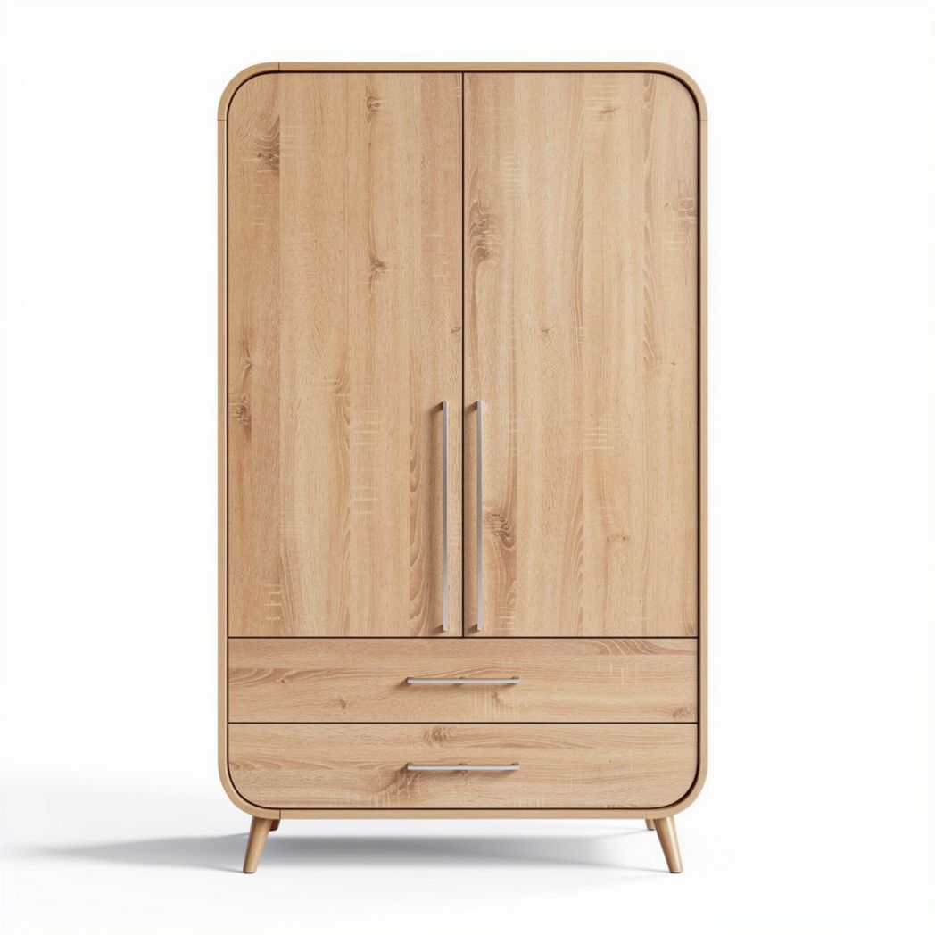 Wooden wardrobe with two doors and two drawers in natural finish 80 x 40 x 180cm