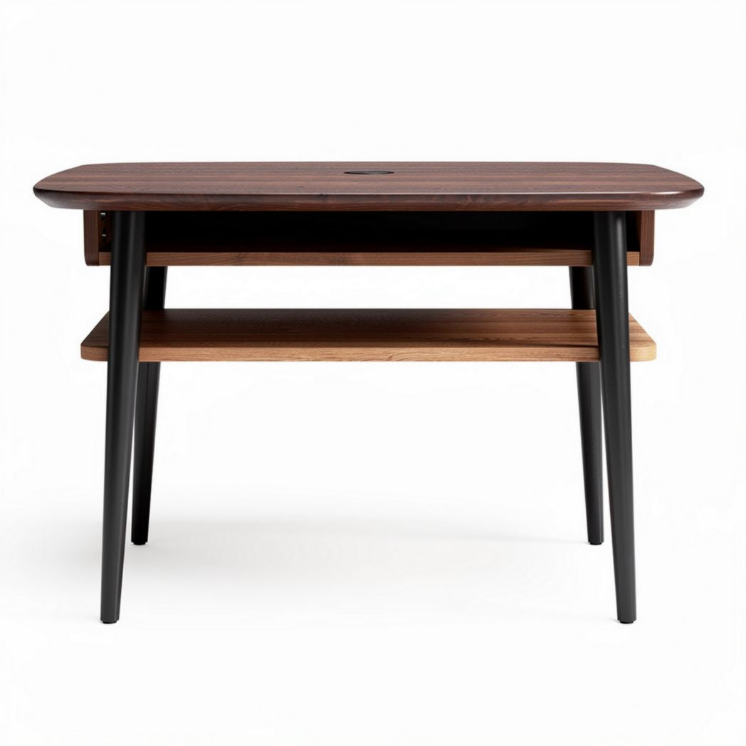 Wooden computer desk with storage shelf and cable management in dark brown 150 x 75 x 75cm