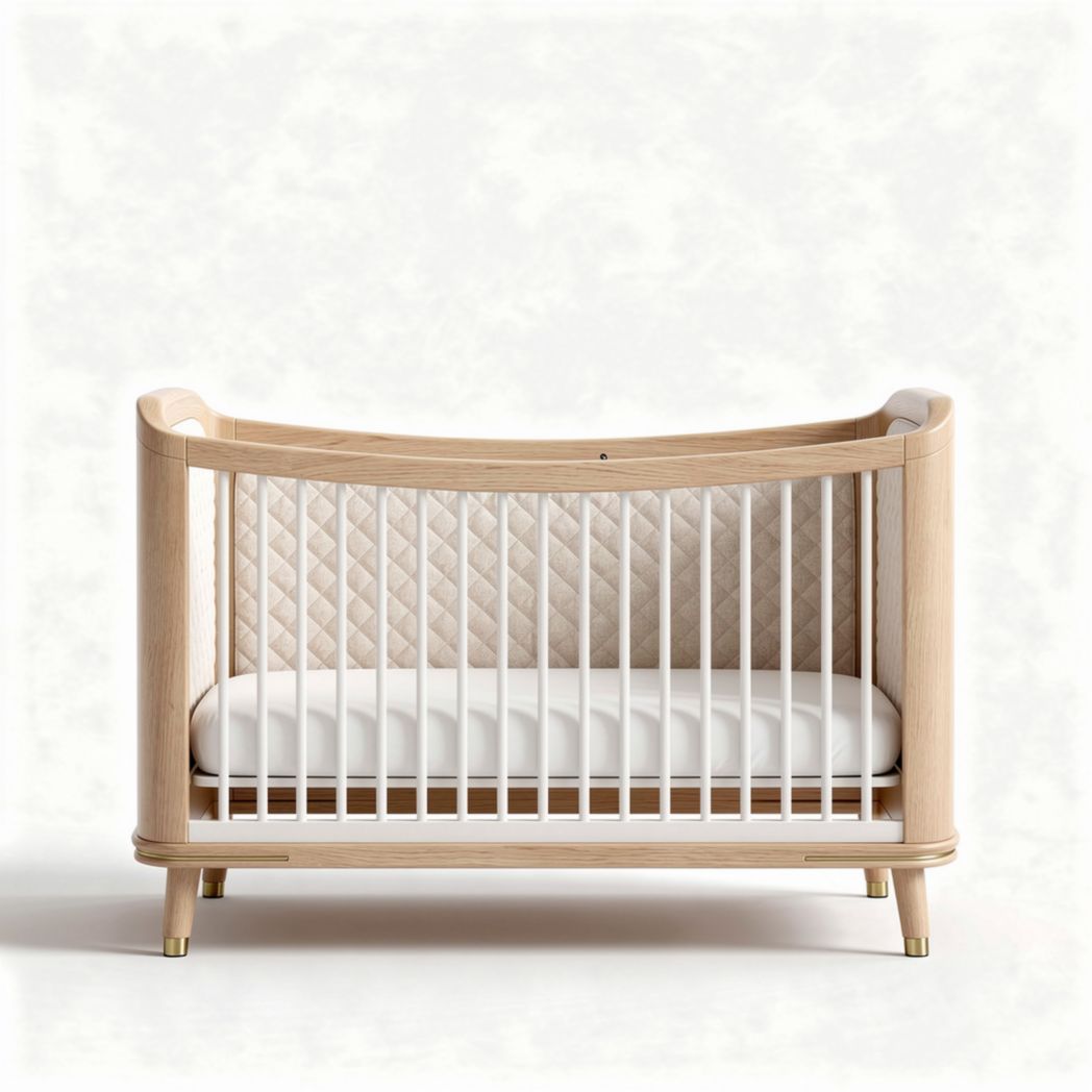 Wooden baby crib with padded interior and dimensions 90 x 60 x 80cm