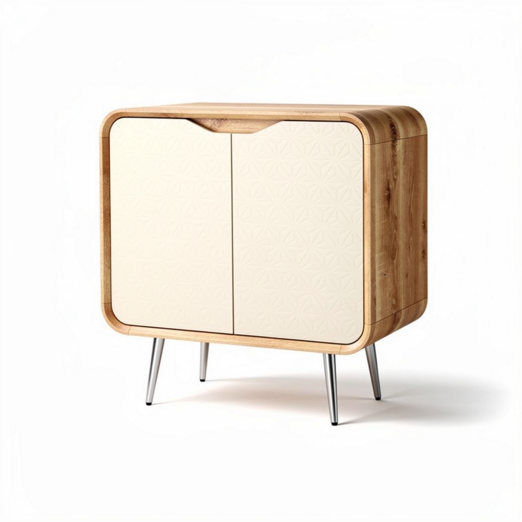 Wooden storage cabinet with cream doors and metal legs 60 x 40 x 75cm