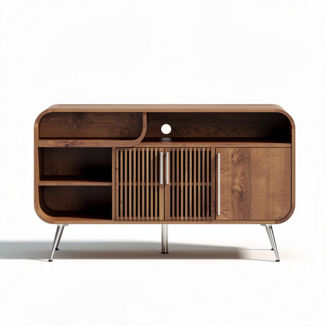 Wooden media console with open shelves and sliding doors 48 x 15 x 30 inches