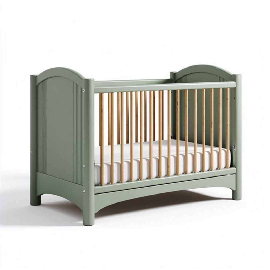 Wooden crib in green and natural finish with safety slats 120 x 70 x 90cm