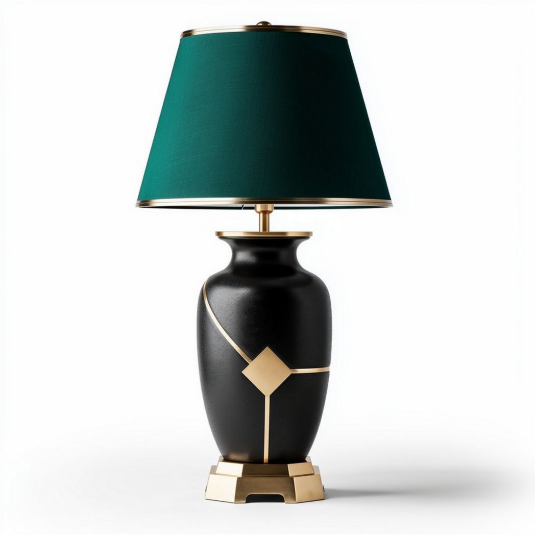 Table lamp with black ceramic base and green fabric shade 30 x 20 x 50cm