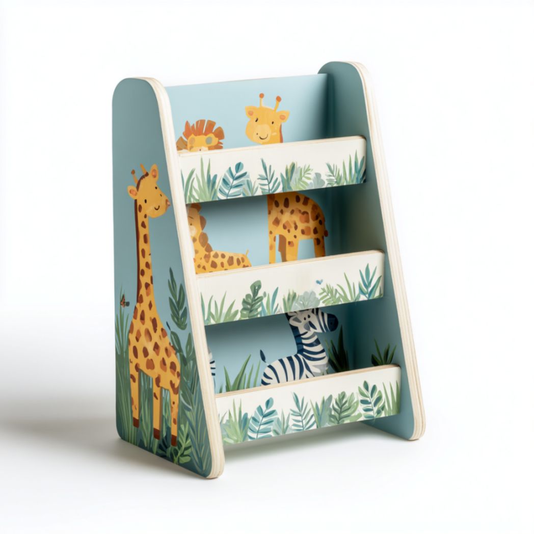 Wooden kids bookshelf with astronaut theme and planet designs 30 x 20 x 50cm
