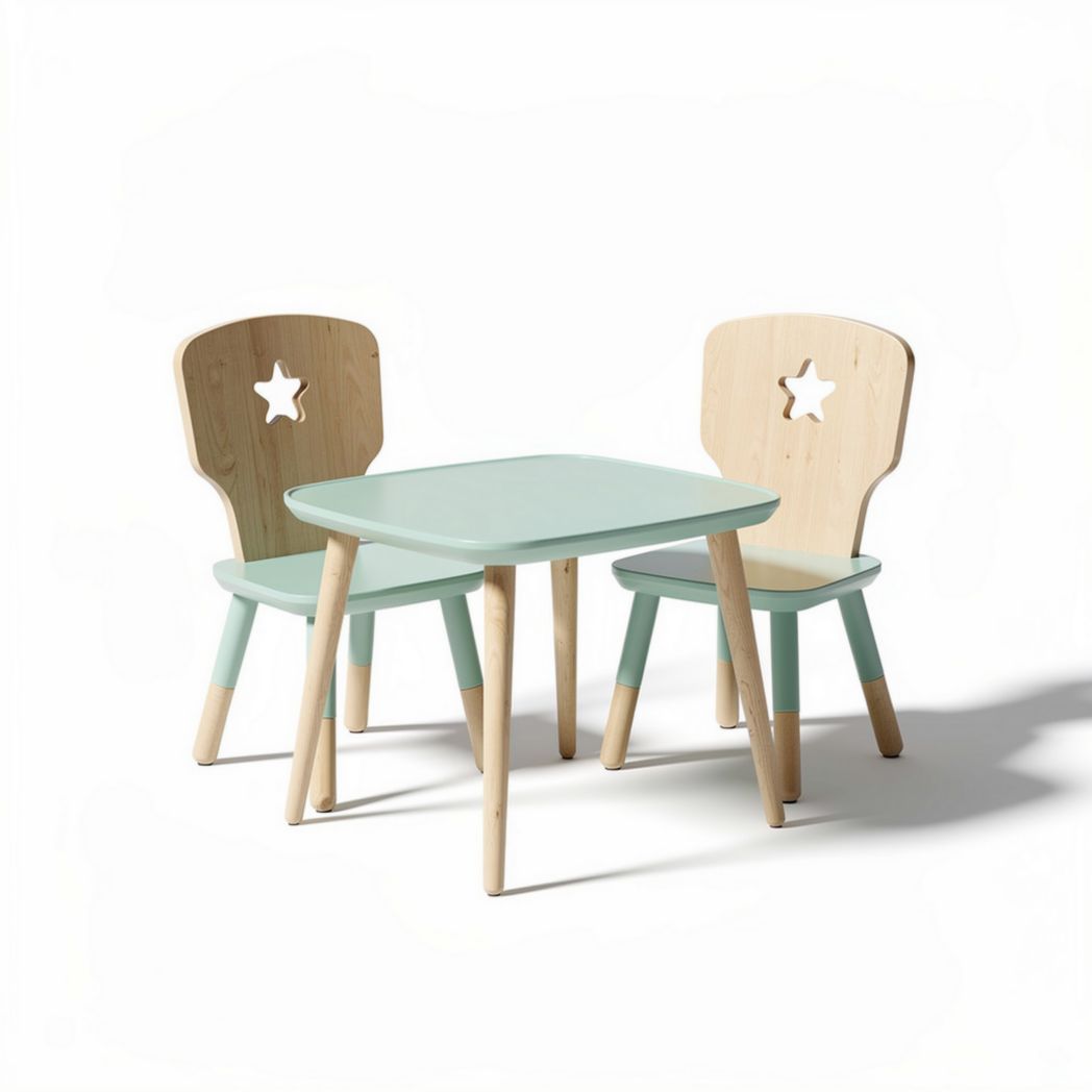 Wooden kids table and chair set with star cutouts in light green and natural color